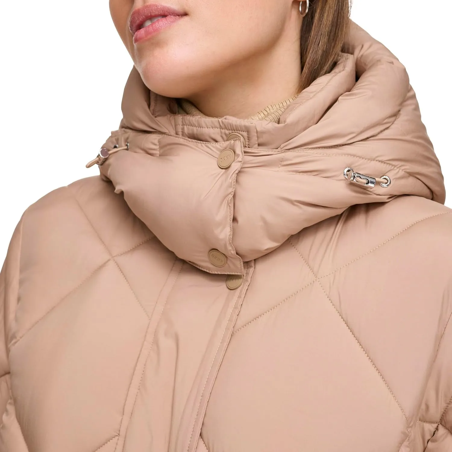 DKNY Womens Diamond Quilted Long Puffer Coat