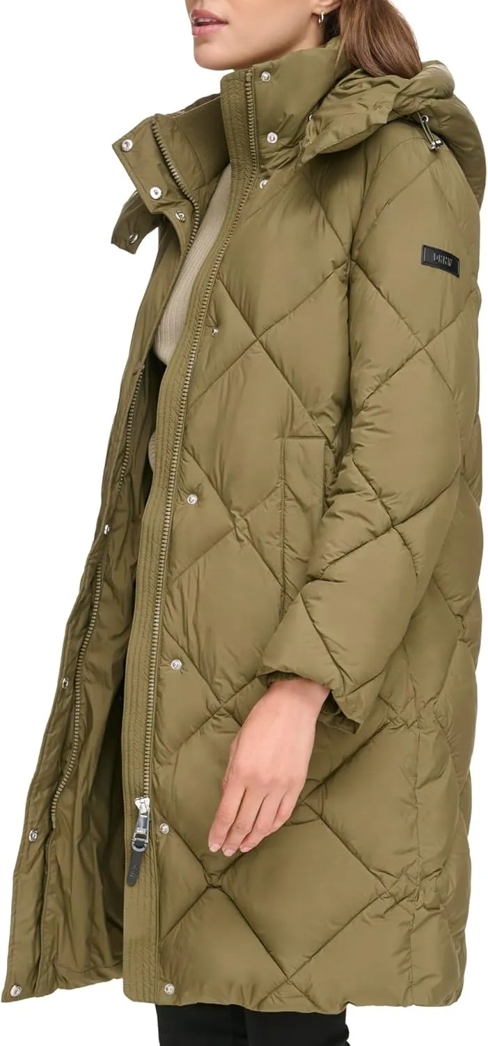DKNY Womens Diamond Quilted Long Puffer Coat