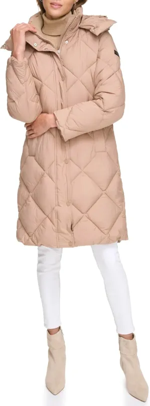 DKNY Womens Diamond Quilted Long Puffer Coat