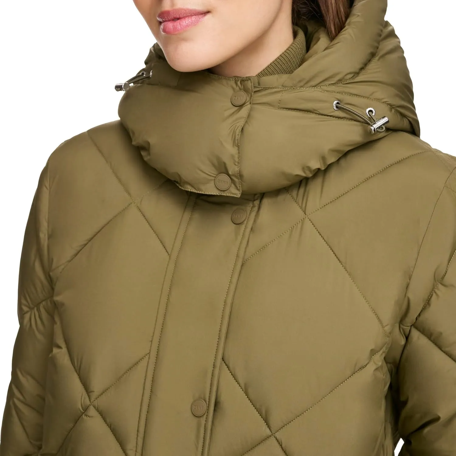 DKNY Womens Diamond Quilted Long Puffer Coat