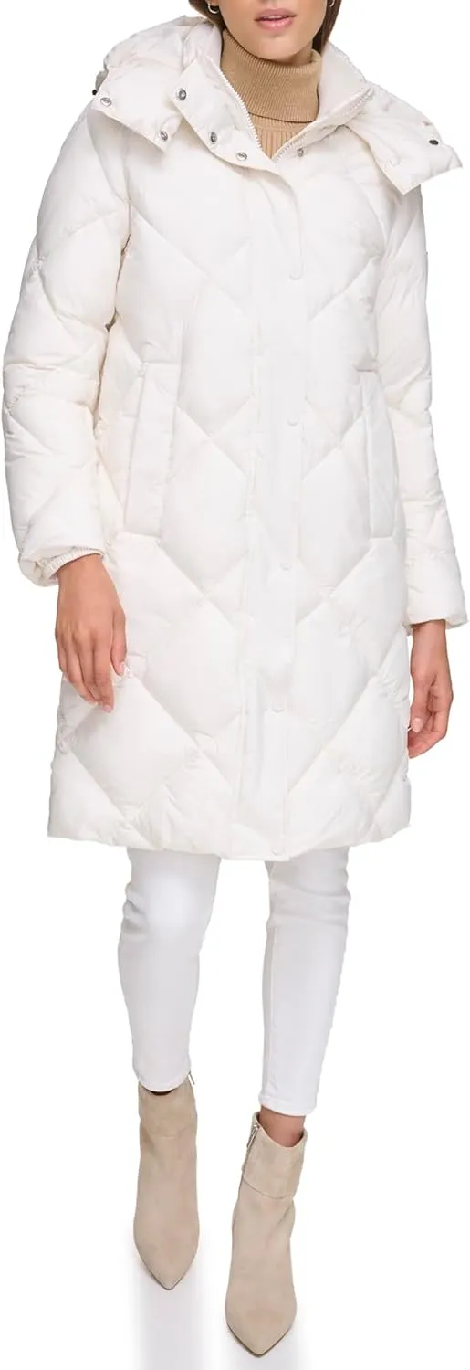 DKNY Womens Diamond Quilted Long Puffer Coat
