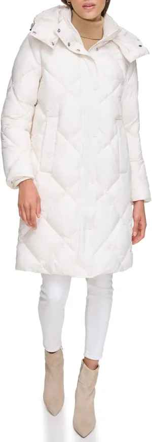 DKNY Womens Diamond Quilted Long Puffer Coat