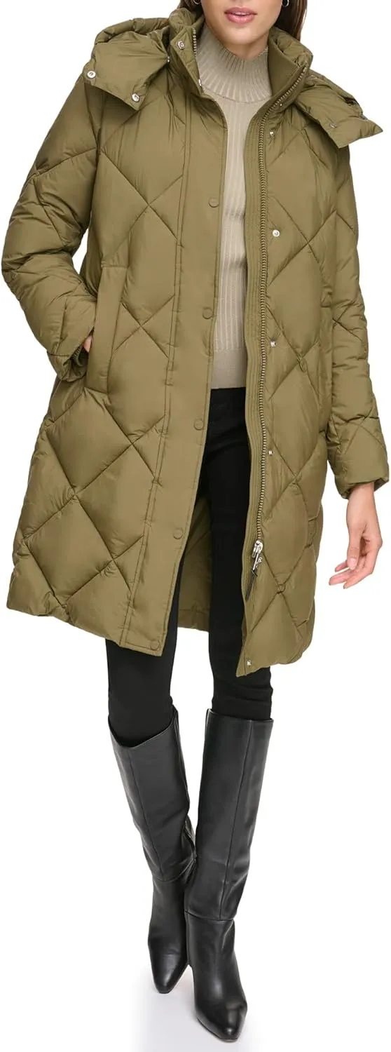 DKNY Womens Diamond Quilted Long Puffer Coat