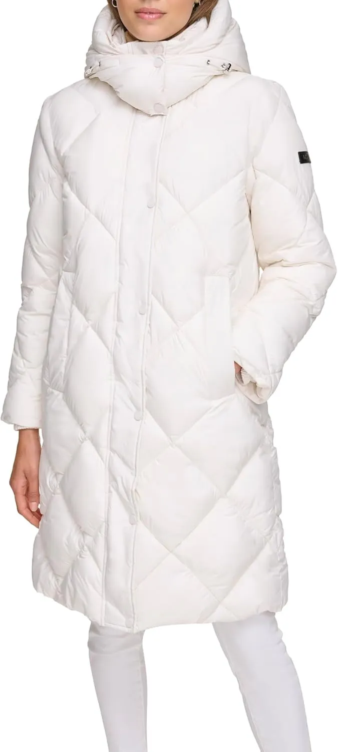 DKNY Womens Diamond Quilted Long Puffer Coat