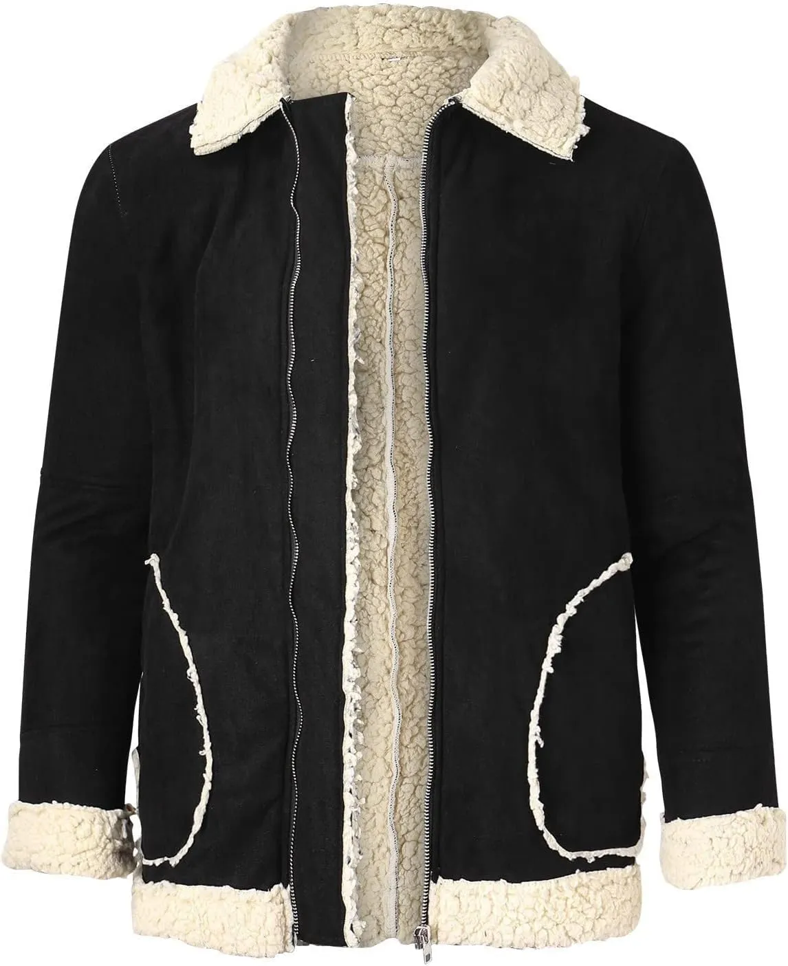 DuDubaby Men's Solid Color Frosted Fleece Composite Coat Long Sleeve Zipper Lapel Thick Coat Coat