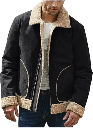 DuDubaby Men's Solid Color Frosted Fleece Composite Coat Long Sleeve Zipper Lapel Thick Coat Coat