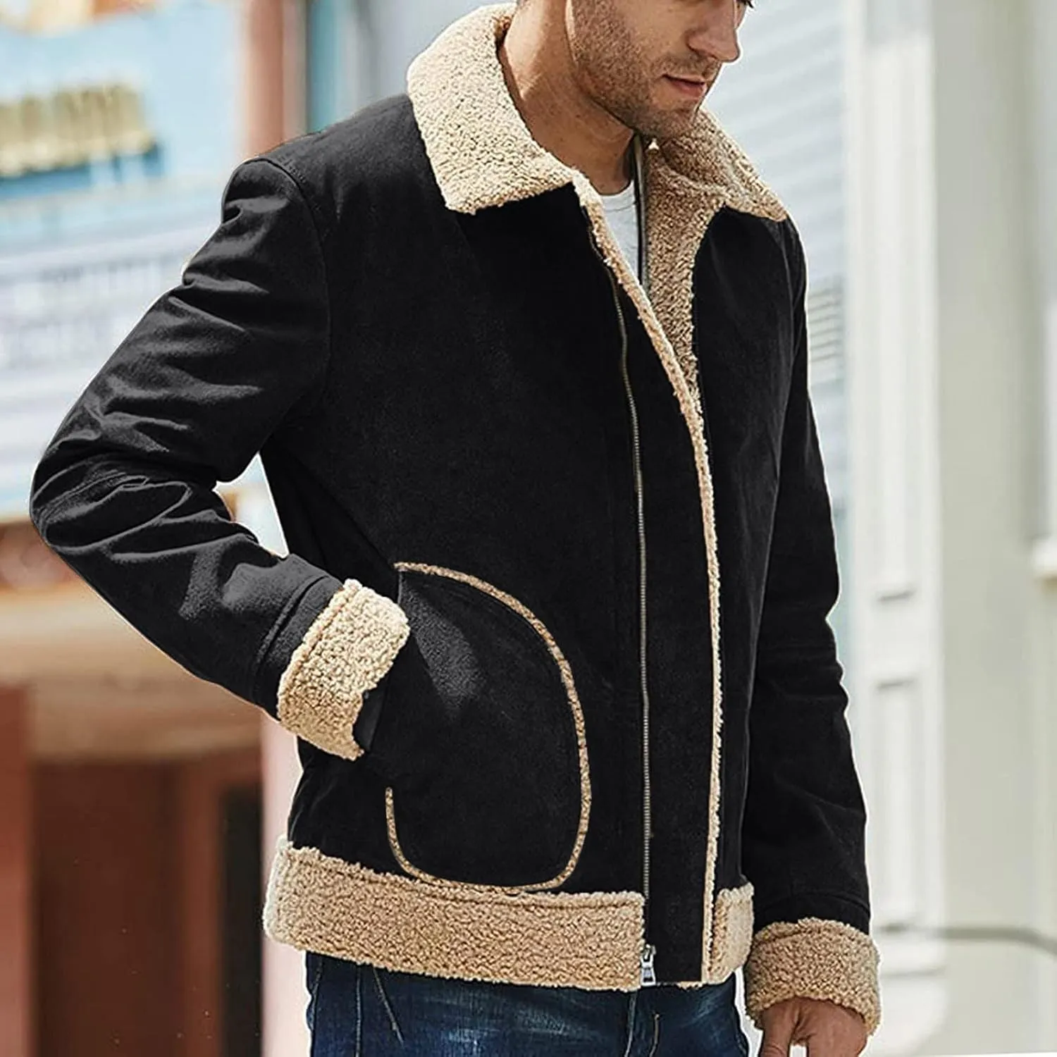 DuDubaby Men's Solid Color Frosted Fleece Composite Coat Long Sleeve Zipper Lapel Thick Coat Coat