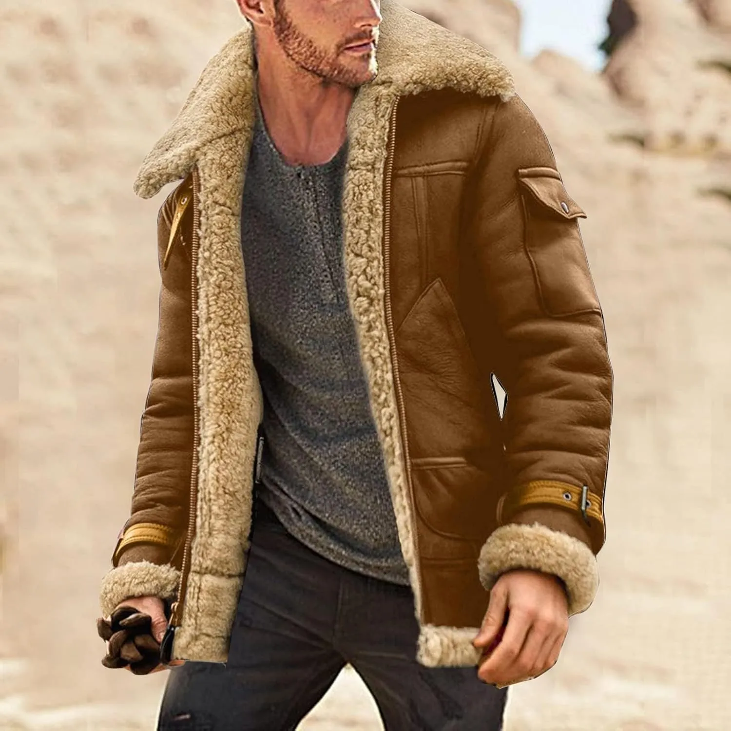 evzosrz Men's Bomber Jackets Faux Leather Sherpa Fleece Lined Suede Jackets Heavyweight Fur Overcoats Vintage Winter Coats