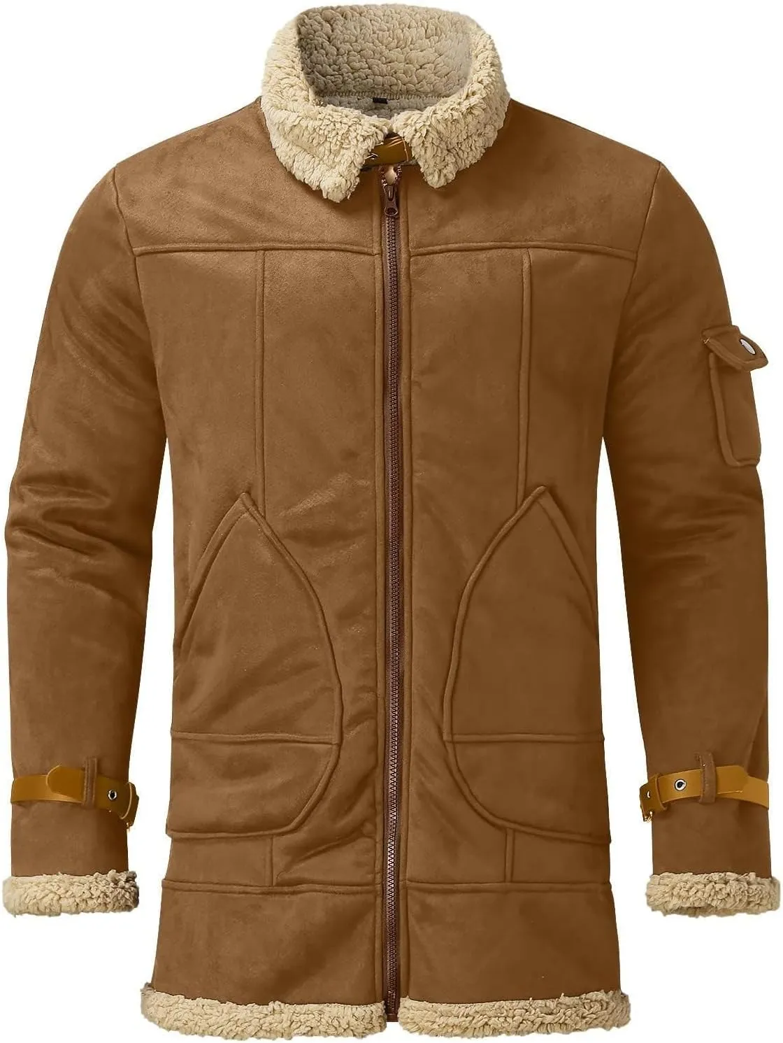 evzosrz Men's Bomber Jackets Faux Leather Sherpa Fleece Lined Suede Jackets Heavyweight Fur Overcoats Vintage Winter Coats