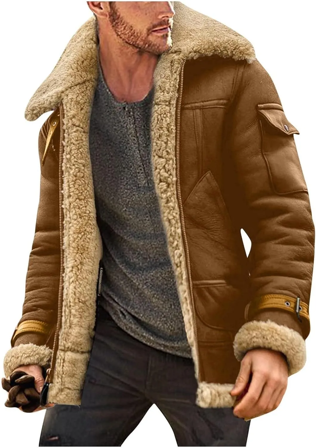 evzosrz Men's Bomber Jackets Faux Leather Sherpa Fleece Lined Suede Jackets Heavyweight Fur Overcoats Vintage Winter Coats