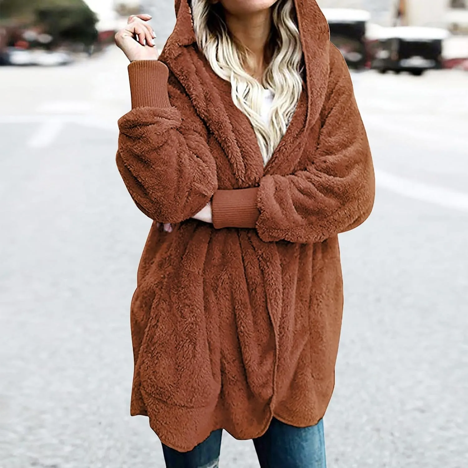 Fall Winter Cardigan Coats for Women Fuzzy Open Front Hooded Jackets Flannel Lightweight Fluffy Outerwear