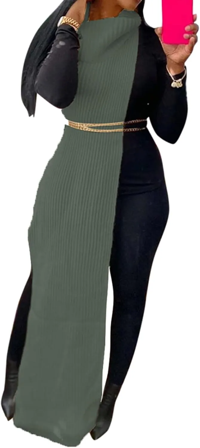 Famnbro Women's Sleeveless Turtleneck Sweater Sexy High Slit Long Maxi Dress Ribbed Knitted Top