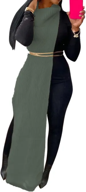Famnbro Women's Sleeveless Turtleneck Sweater Sexy High Slit Long Maxi Dress Ribbed Knitted Top