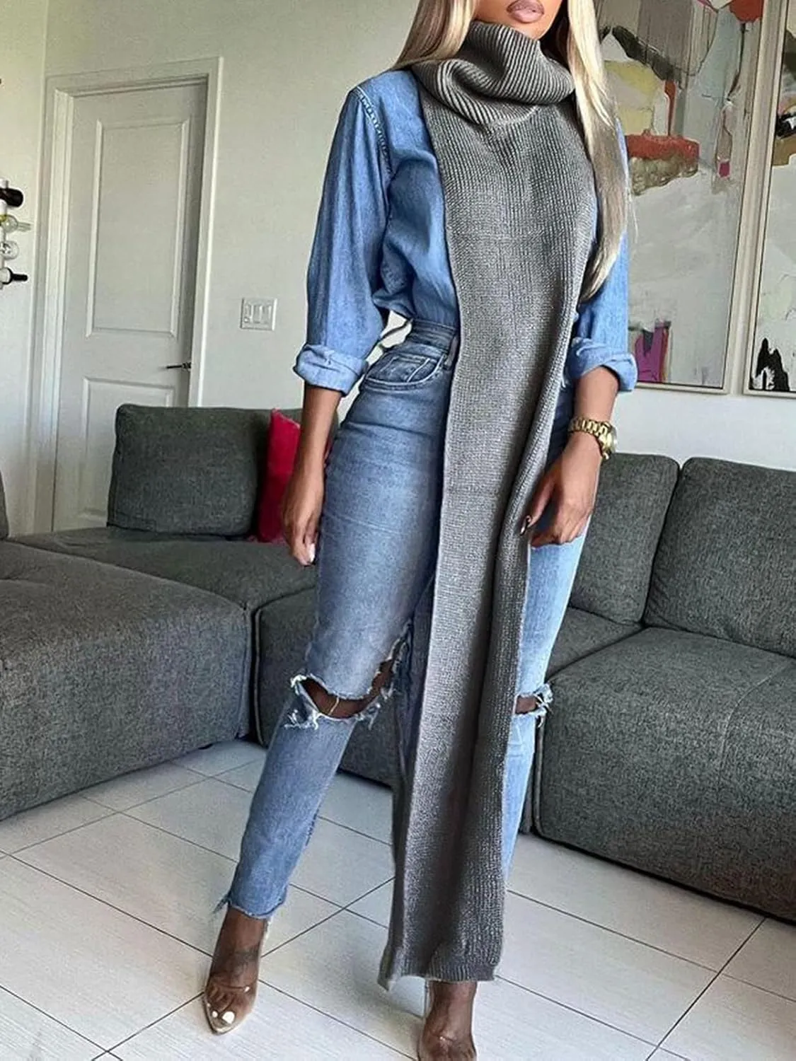 Famnbro Women's Sleeveless Turtleneck Sweater Sexy High Slit Long Maxi Dress Ribbed Knitted Top