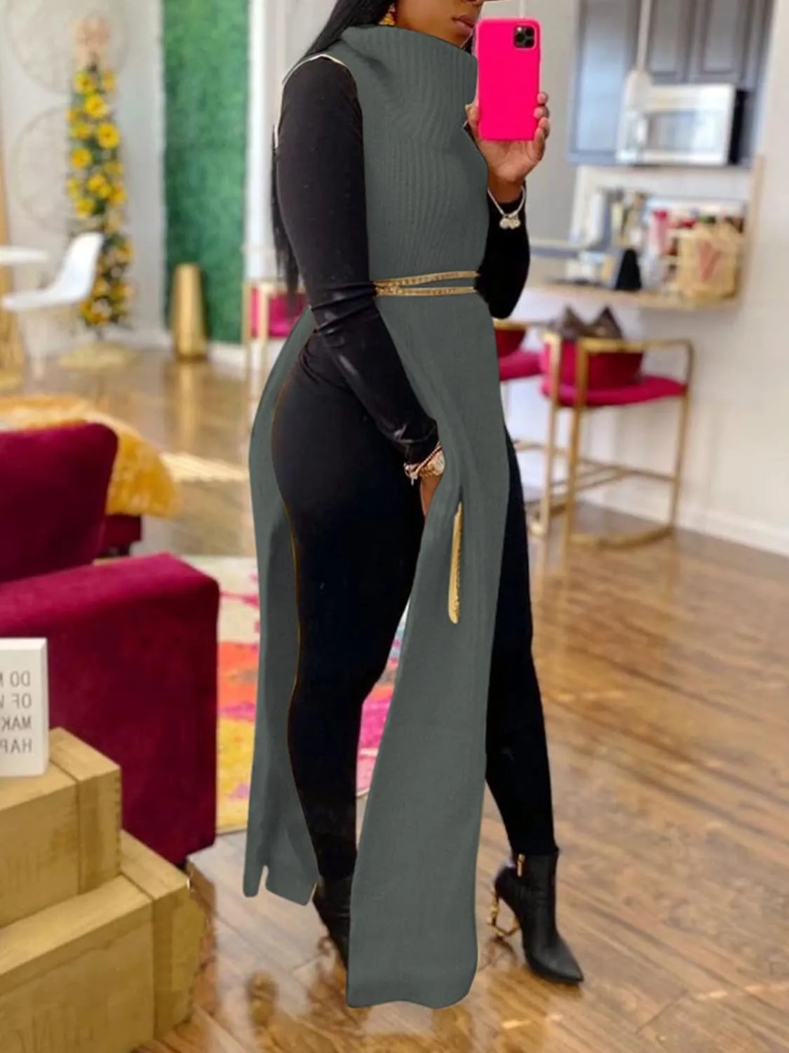 Famnbro Women's Sleeveless Turtleneck Sweater Sexy High Slit Long Maxi Dress Ribbed Knitted Top