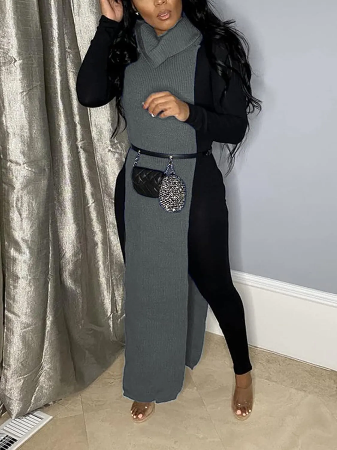 Famnbro Women's Sleeveless Turtleneck Sweater Sexy High Slit Long Maxi Dress Ribbed Knitted Top