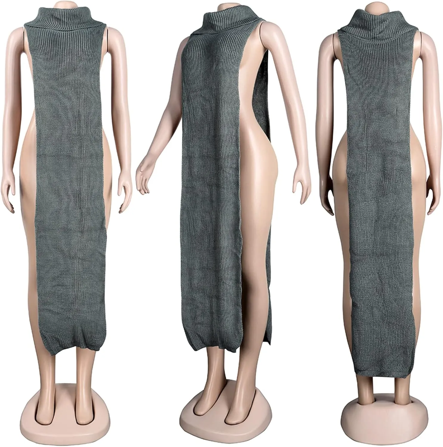 Famnbro Women's Sleeveless Turtleneck Sweater Sexy High Slit Long Maxi Dress Ribbed Knitted Top