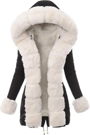 Fashion Furry Winter Coats for Women 2024 Faux Fur Neck Hooded Jacket Down Warm Coat Windbreaker Overcoat