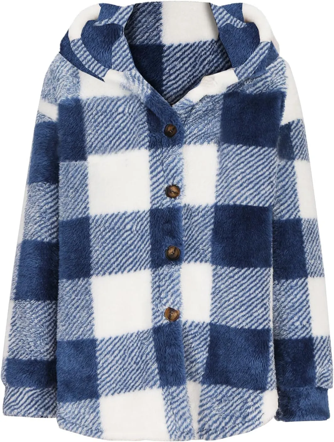 Fashion Plaid Plush Winter Coats for Women Button Hooded Jackets Long Sleeve Pullover Plus Size Shacket Jacket