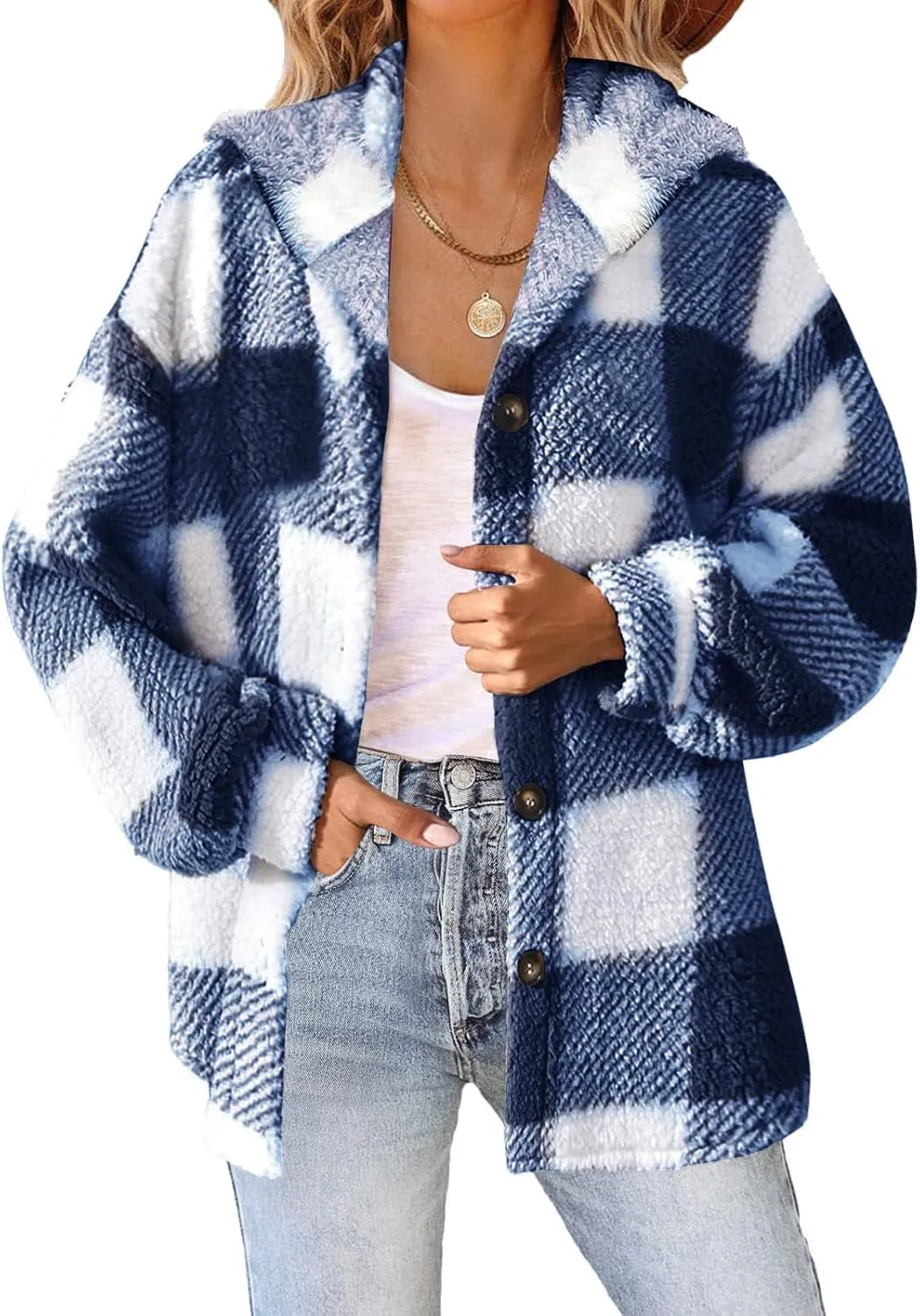 Fashion Plaid Plush Winter Coats for Women Button Hooded Jackets Long Sleeve Pullover Plus Size Shacket Jacket