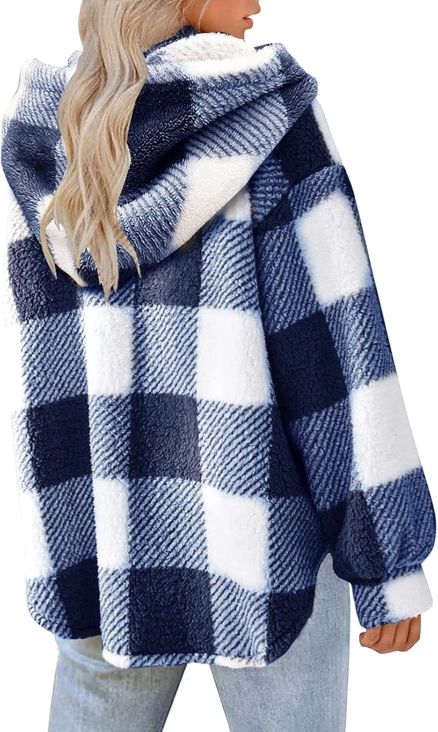 Fashion Plaid Plush Winter Coats for Women Button Hooded Jackets Long Sleeve Pullover Plus Size Shacket Jacket