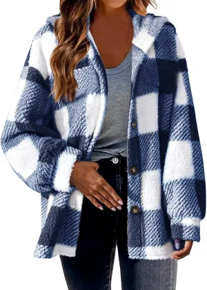 Fashion Plaid Plush Winter Coats for Women Button Hooded Jackets Long Sleeve Pullover Plus Size Shacket Jacket