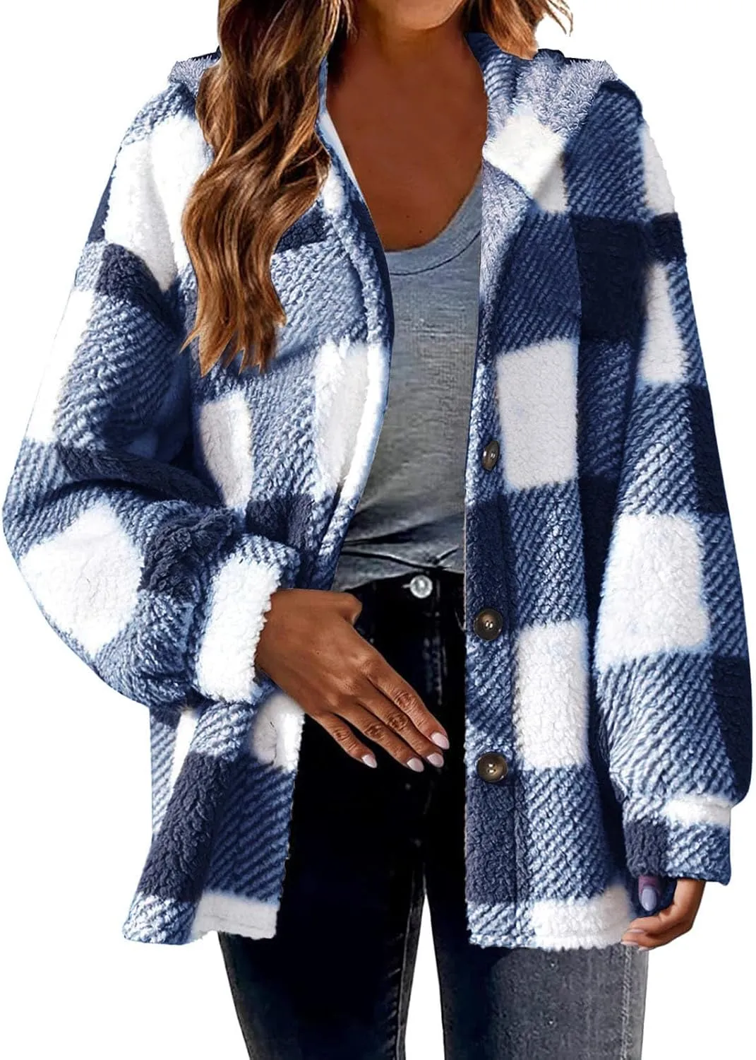 Fashion Plaid Plush Winter Coats for Women Button Hooded Jackets Long Sleeve Pullover Plus Size Shacket Jacket