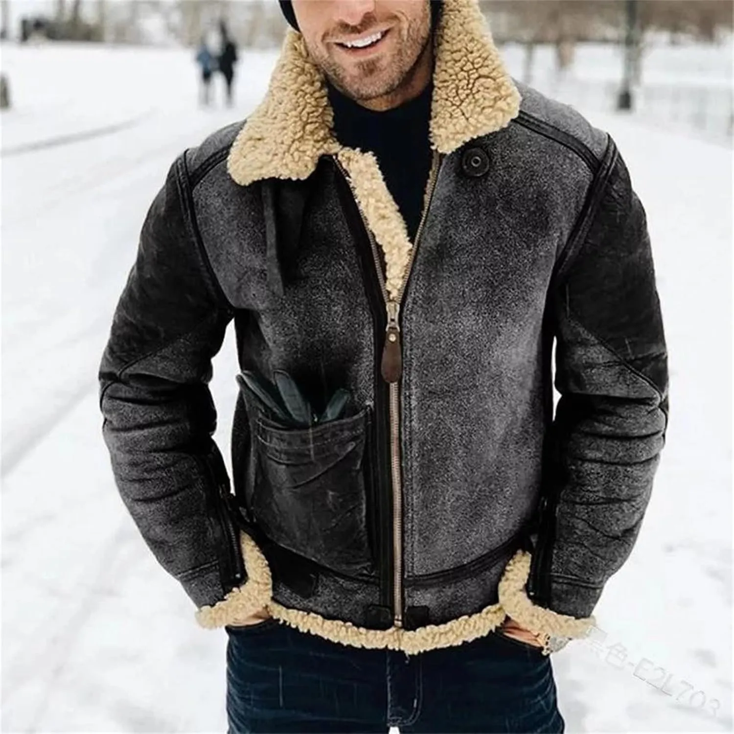 Faux Leather Bomber Jacket Men Fleece Lined Sherpa Jackets Winter Coats Shearling Fur Coat for Men Midweight