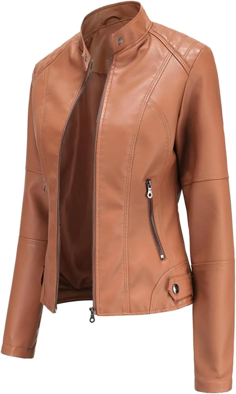 Faux Leather Jackets for Women, Vegan Jackets Moto Biker Motocycle Coat with Stitching Detail