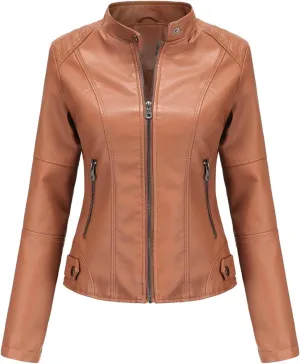 Faux Leather Jackets for Women, Vegan Jackets Moto Biker Motocycle Coat with Stitching Detail