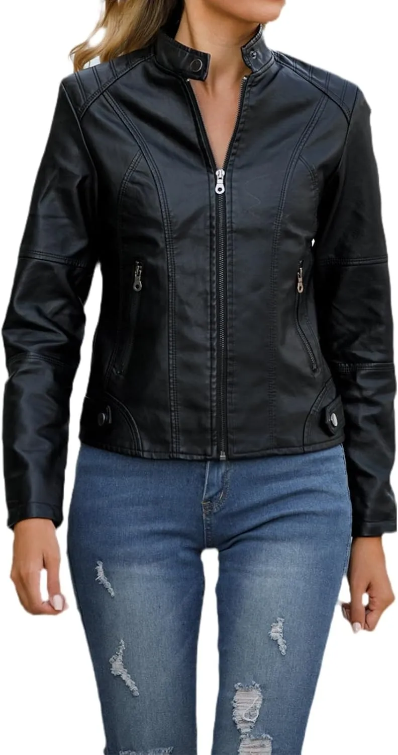 Faux Leather Jackets for Women, Vegan Jackets Moto Biker Motocycle Coat with Stitching Detail