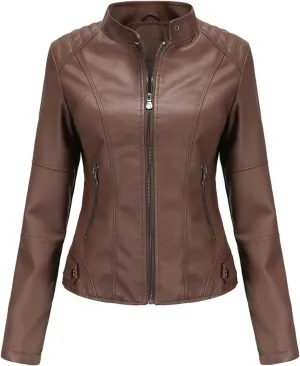 Faux Leather Jackets for Women, Vegan Jackets Moto Biker Motocycle Coat with Stitching Detail