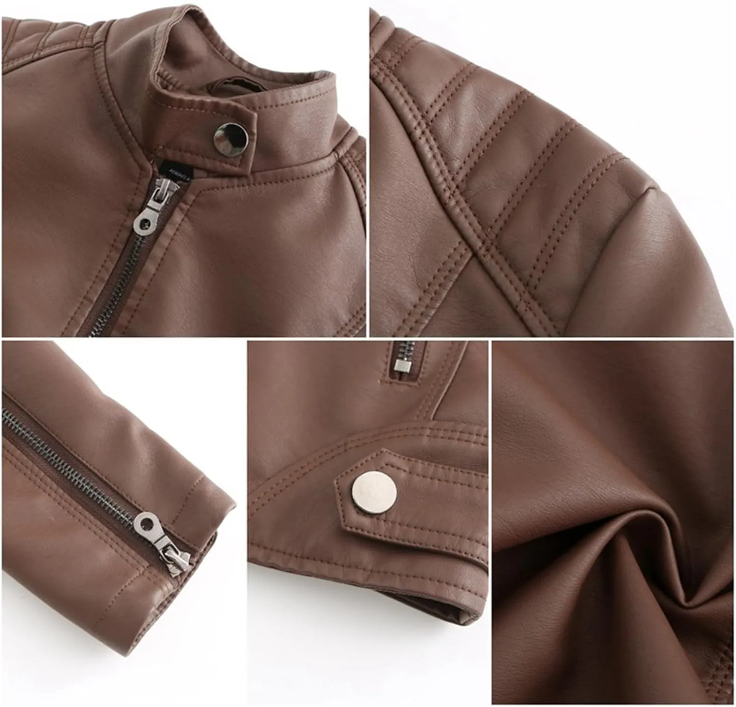 Faux Leather Jackets for Women, Vegan Jackets Moto Biker Motocycle Coat with Stitching Detail