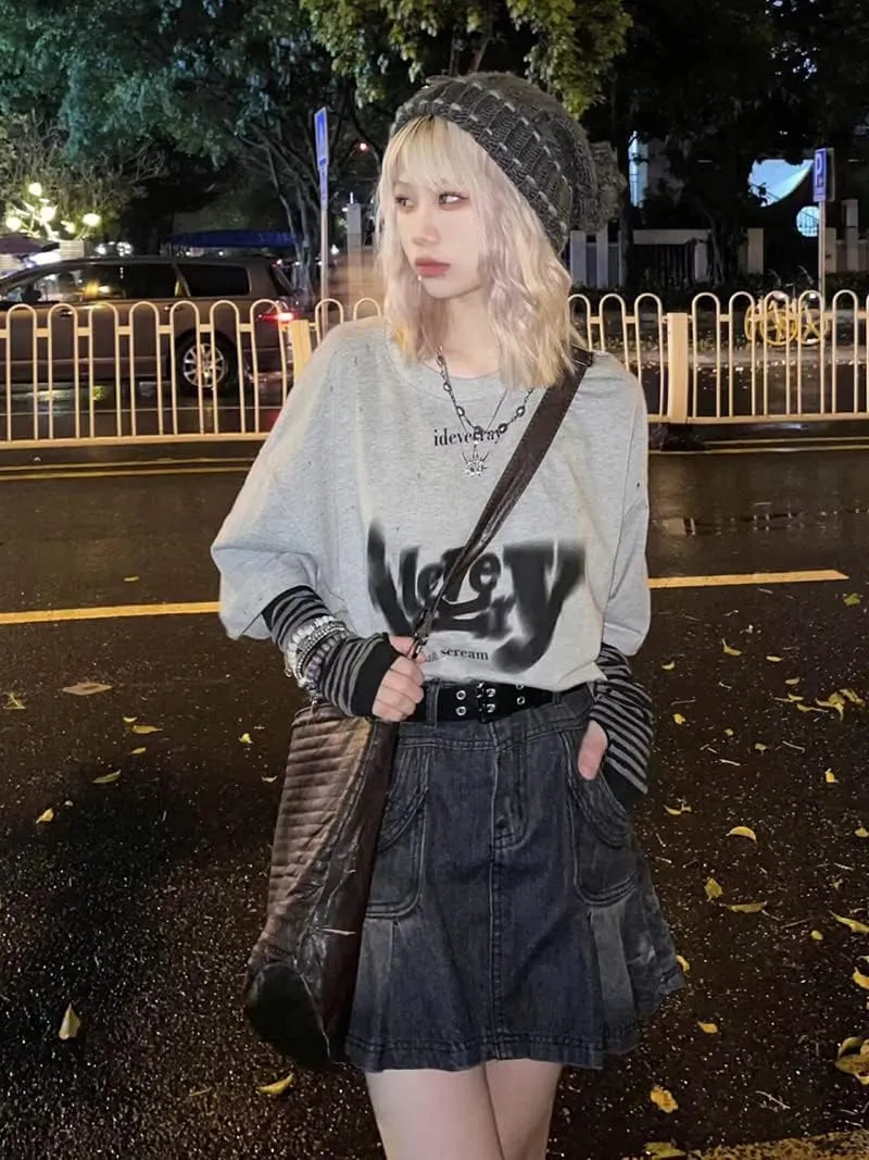 FIVETOSEVEN Vintage Black Side Pleated Mini Denim Skirt Women Short Jeans Bottoms Harajuku Clubwear