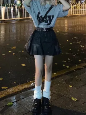 FIVETOSEVEN Vintage Black Side Pleated Mini Denim Skirt Women Short Jeans Bottoms Harajuku Clubwear