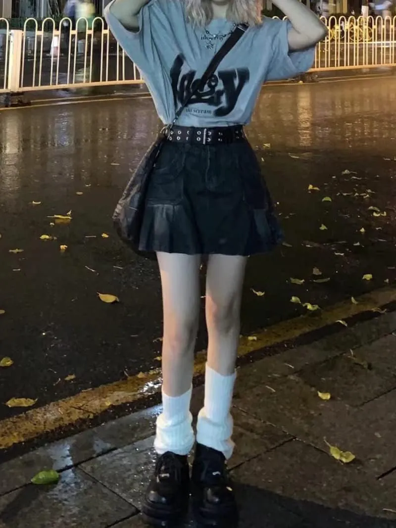 FIVETOSEVEN Vintage Black Side Pleated Mini Denim Skirt Women Short Jeans Bottoms Harajuku Clubwear