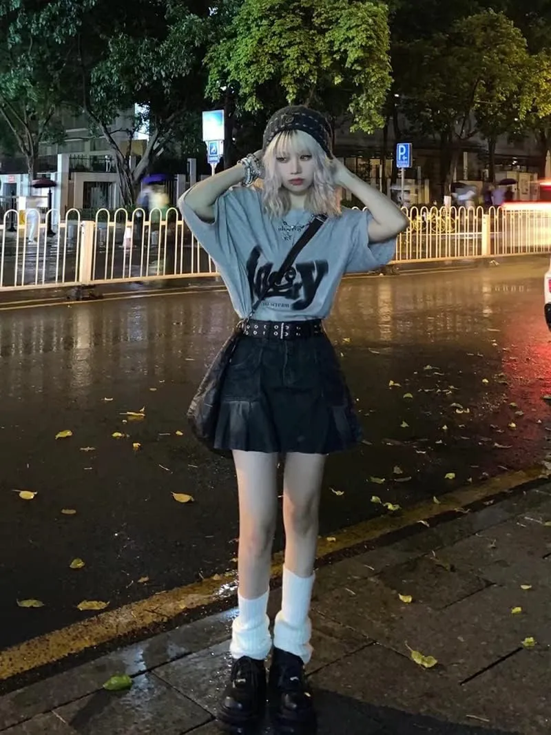 FIVETOSEVEN Vintage Black Side Pleated Mini Denim Skirt Women Short Jeans Bottoms Harajuku Clubwear