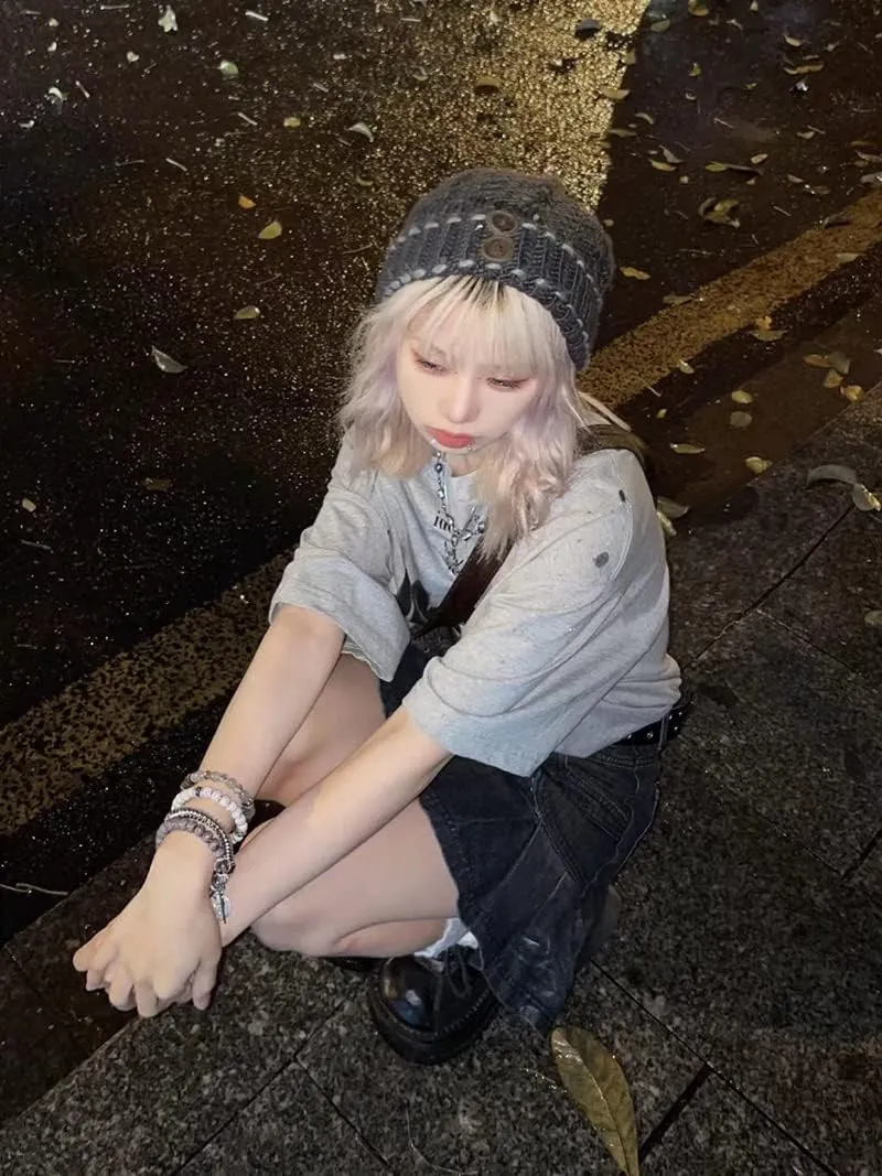 FIVETOSEVEN Vintage Black Side Pleated Mini Denim Skirt Women Short Jeans Bottoms Harajuku Clubwear