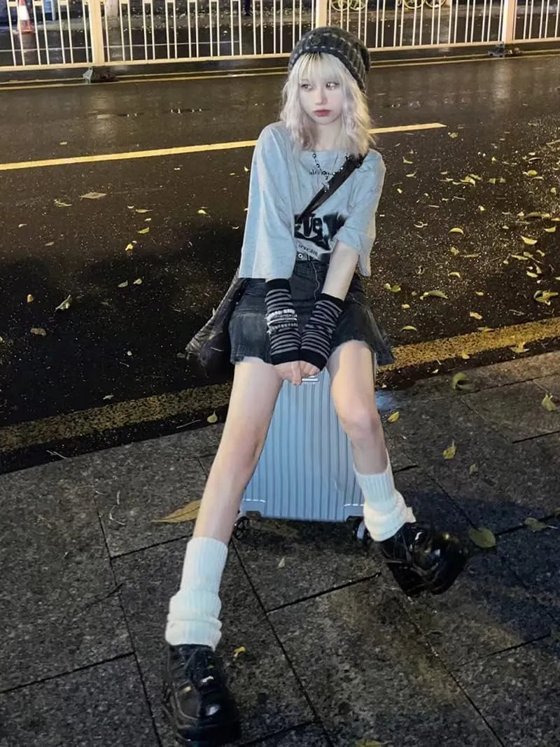 FIVETOSEVEN Vintage Black Side Pleated Mini Denim Skirt Women Short Jeans Bottoms Harajuku Clubwear