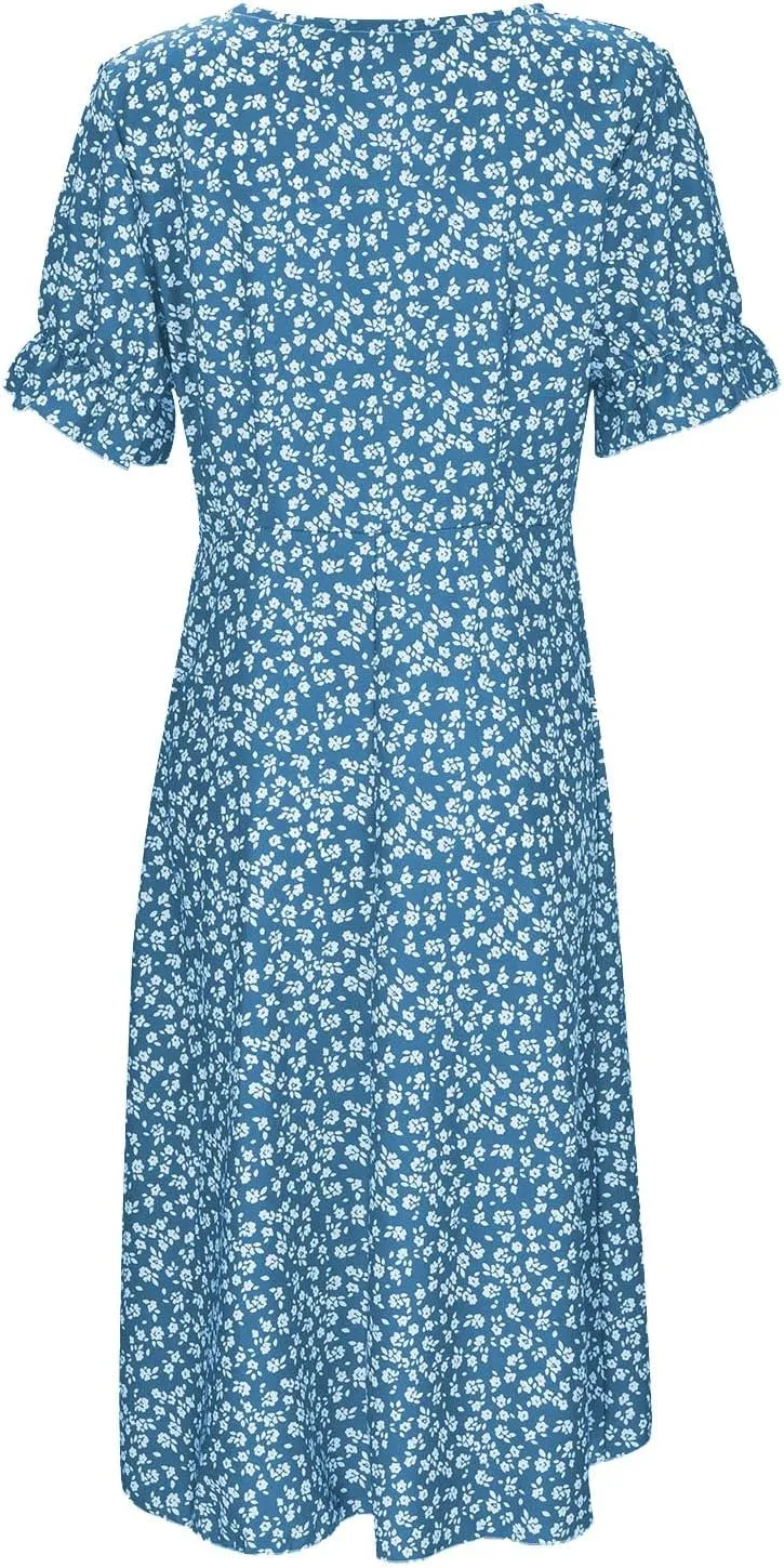 Floral Dress for Women Summer Beach Elegant Wrap V Neck Boho Dress Puff Short Sleeve Print Asymmetric Midi Dresses