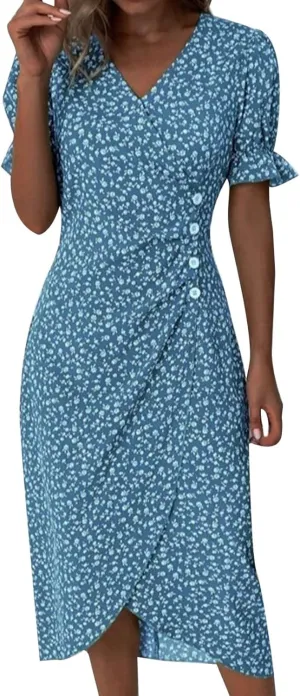 Floral Dress for Women Summer Beach Elegant Wrap V Neck Boho Dress Puff Short Sleeve Print Asymmetric Midi Dresses