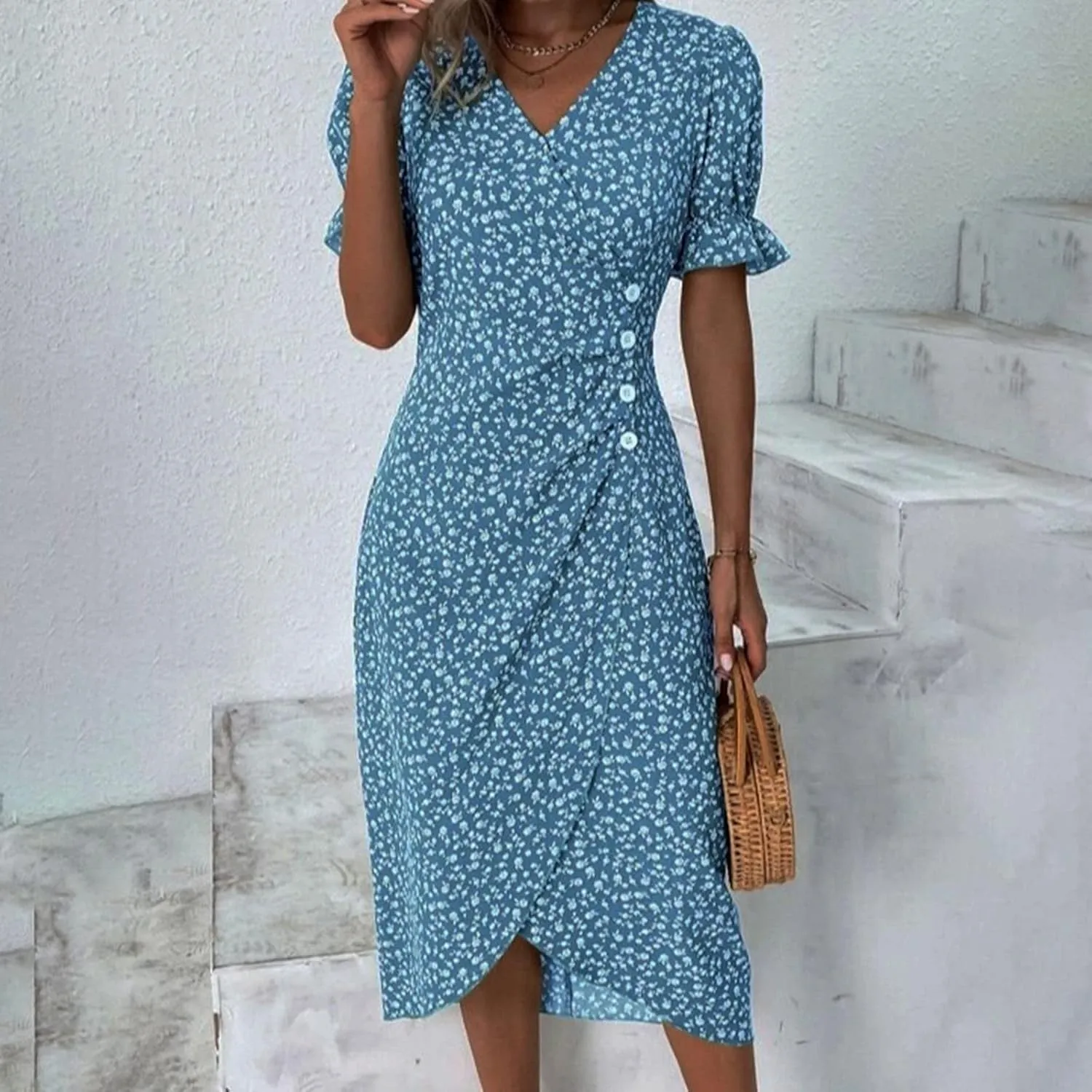Floral Dress for Women Summer Beach Elegant Wrap V Neck Boho Dress Puff Short Sleeve Print Asymmetric Midi Dresses