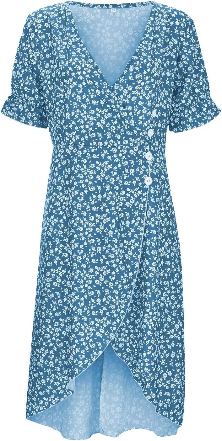 Floral Dress for Women Summer Beach Elegant Wrap V Neck Boho Dress Puff Short Sleeve Print Asymmetric Midi Dresses