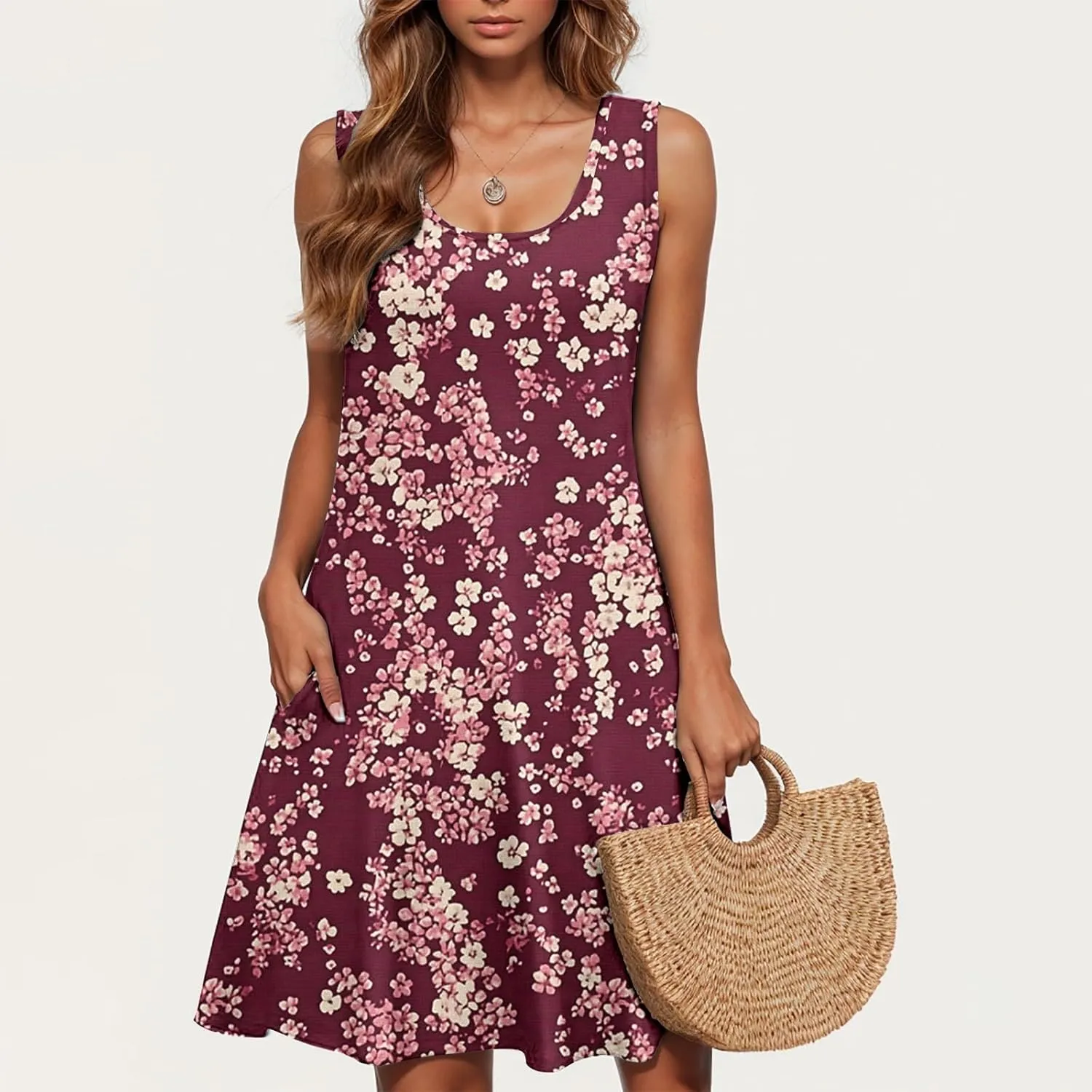 Floral Dresses for Women Boho Sundress Beach Vacation Casual Sleeveless Round Neck Resort Mini Dress with Pocket