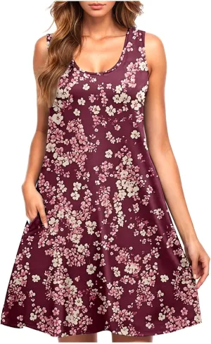 Floral Dresses for Women Boho Sundress Beach Vacation Casual Sleeveless Round Neck Resort Mini Dress with Pocket