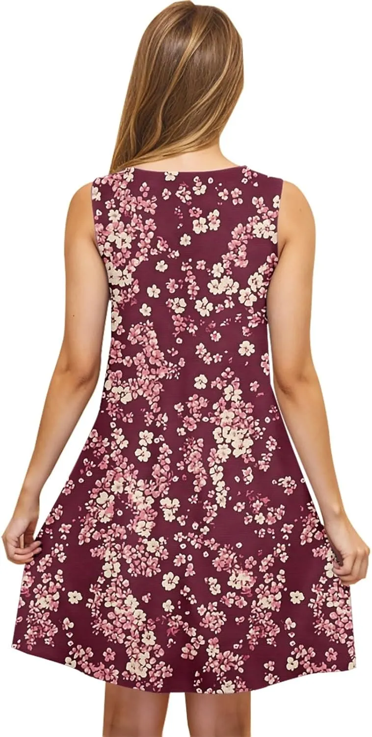 Floral Dresses for Women Boho Sundress Beach Vacation Casual Sleeveless Round Neck Resort Mini Dress with Pocket