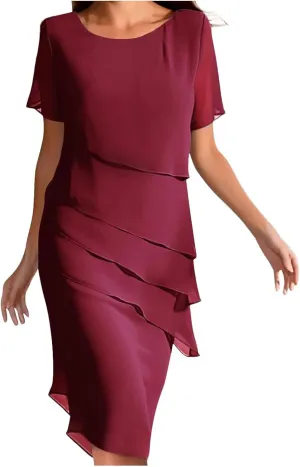 Flowy Chiffon Dresses for Women Elegant Layer Tiered Short Sleeve Wrap Dress for Prom Solid Bump Friendly Clothes