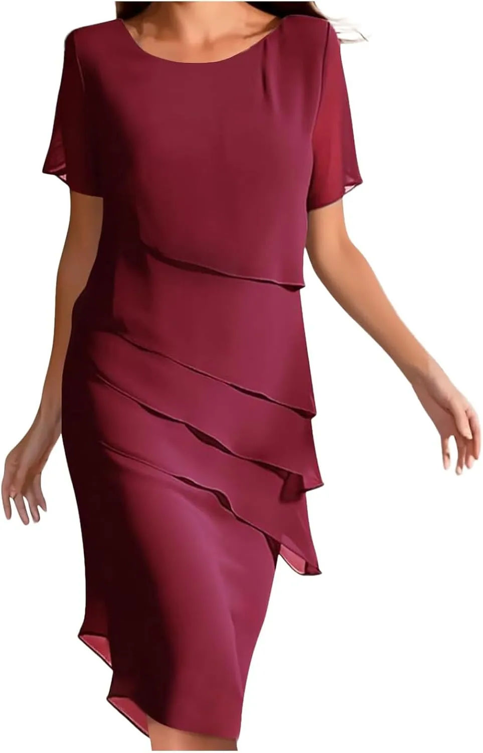 Flowy Chiffon Dresses for Women Elegant Layer Tiered Short Sleeve Wrap Dress for Prom Solid Bump Friendly Clothes