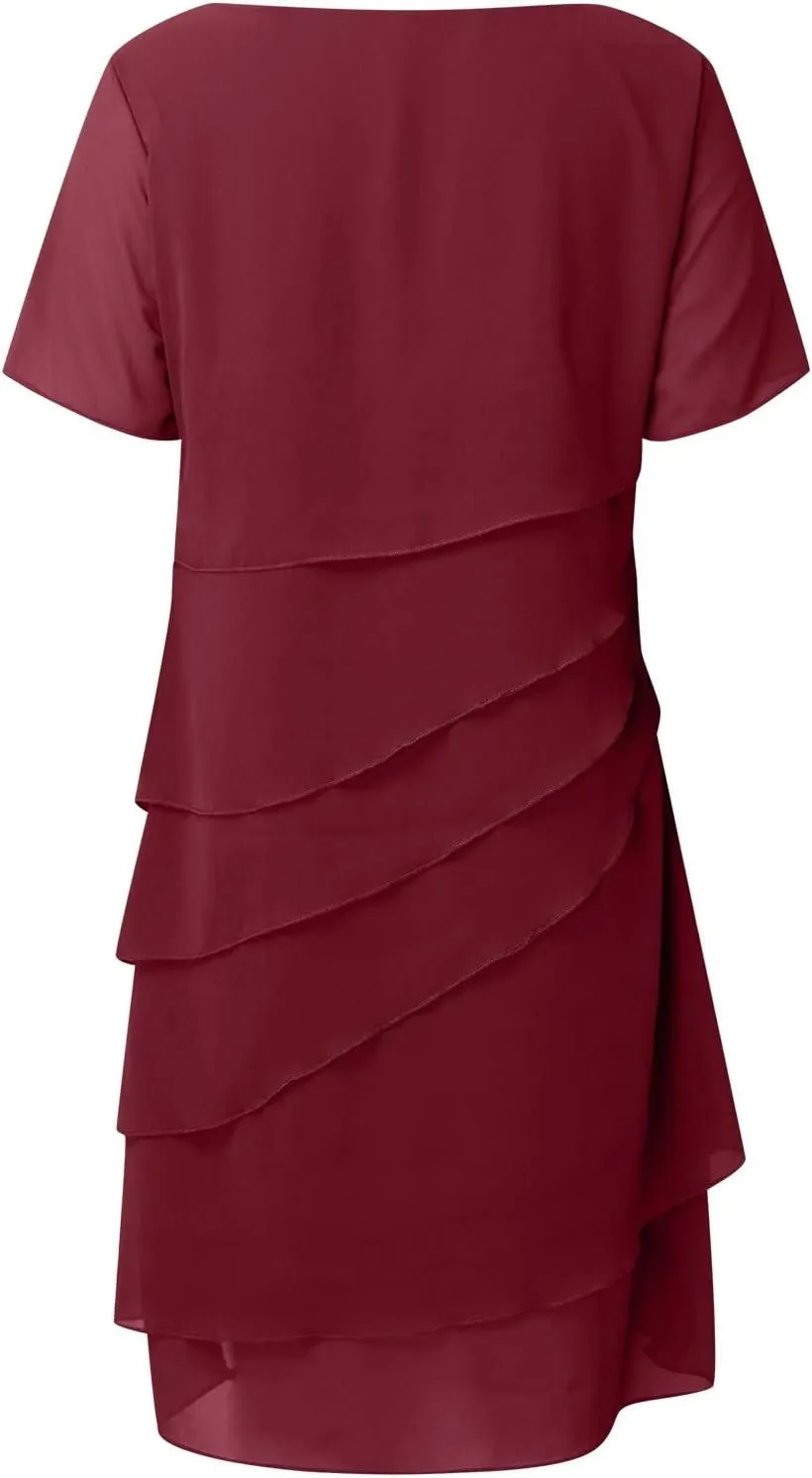 Flowy Chiffon Dresses for Women Elegant Layer Tiered Short Sleeve Wrap Dress for Prom Solid Bump Friendly Clothes