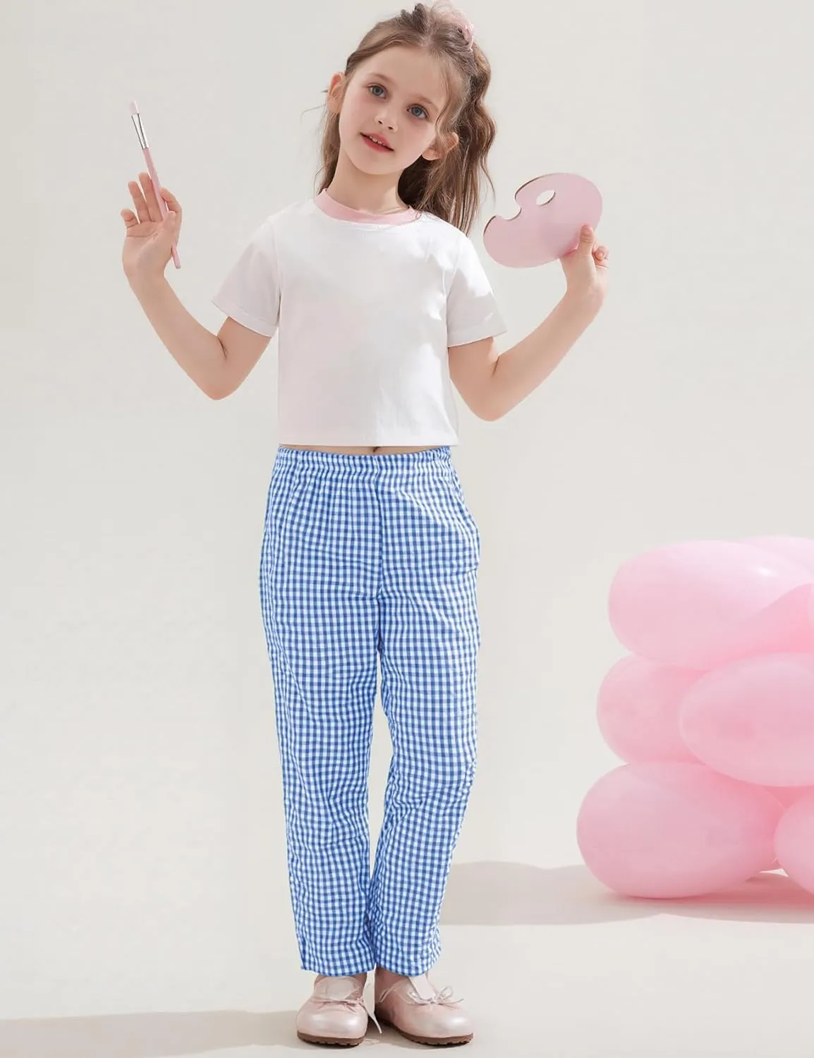 Flygo Girls Plaid Wide Leg Pants Gingham Elastic Waist Trousers Cute Print Bottoms with Slant Pockets